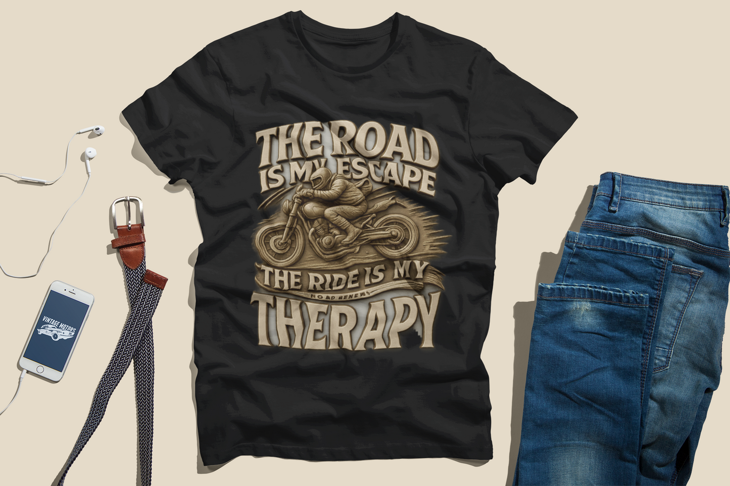3D Biker Graphic Men's T-Shirt | "The Road Is My Therapy" – Ride-Inspired Streetwear for Motorbike Lovers
