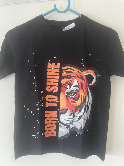 Custom Tiger T-Shirt – Born to Shine | Personalized Kids Graphic Tee | Bold Black Cotton Shirt